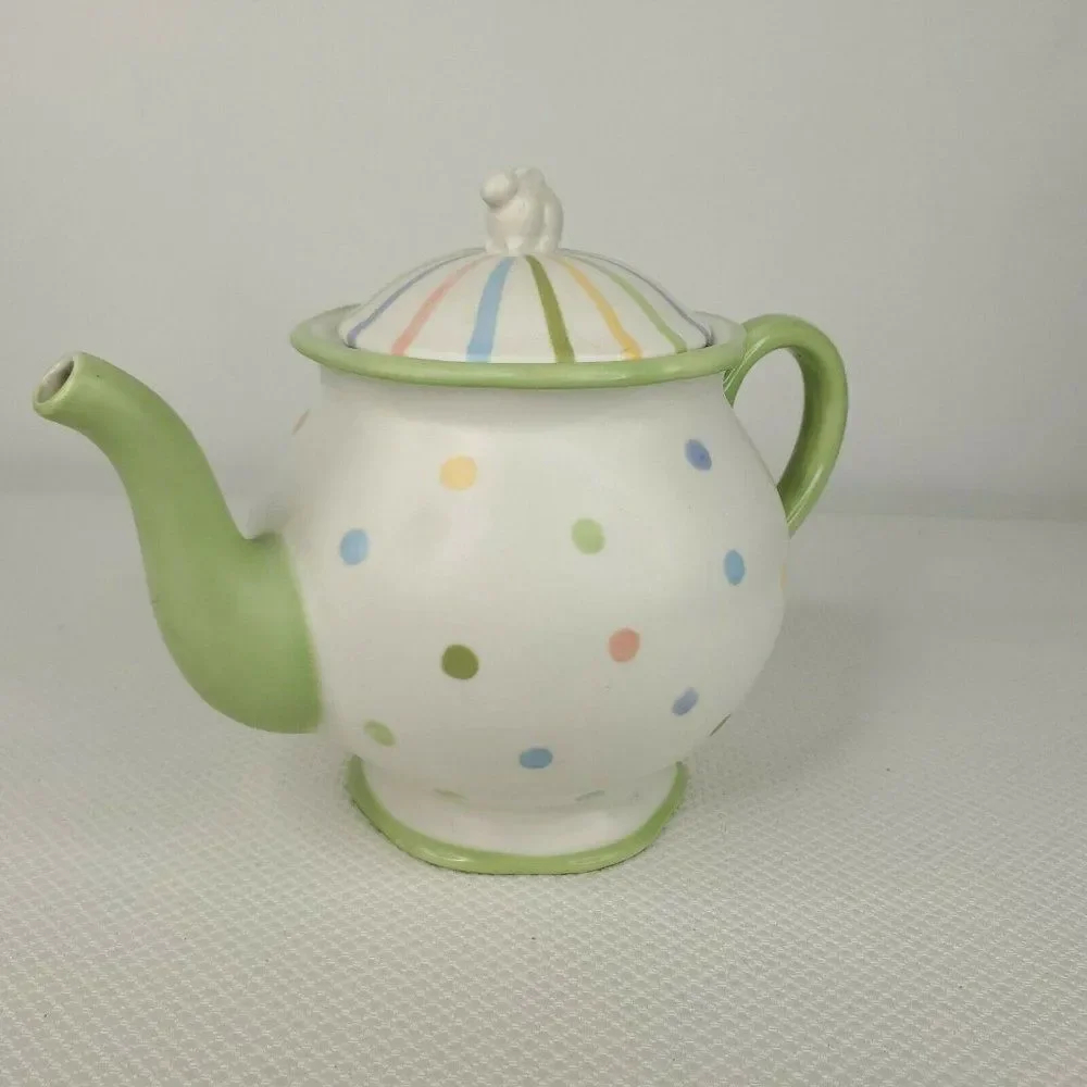 Demdaco Green White Polka Dot Teapot Bunny